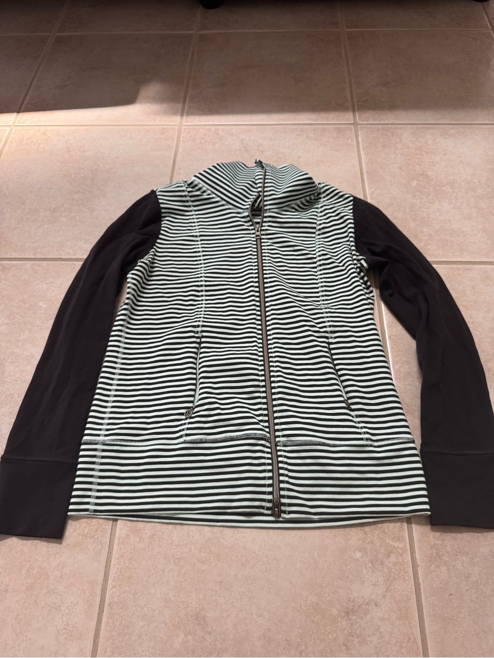 lululemon athletica Mint & White Striped Zip Jacket with Black Sleeves